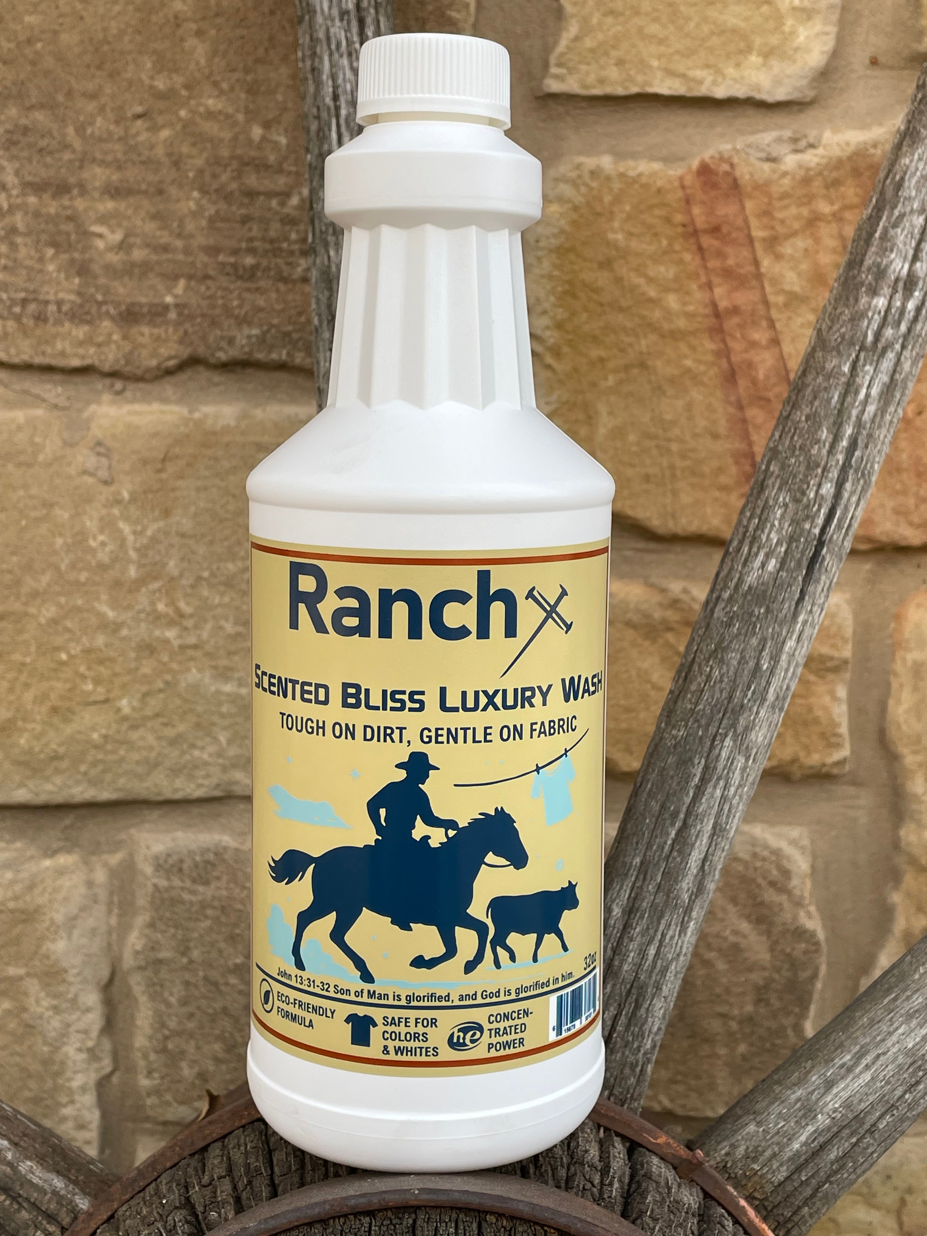 Ranchx premium laundry detergent 32oz bottle with Western cowboy design label