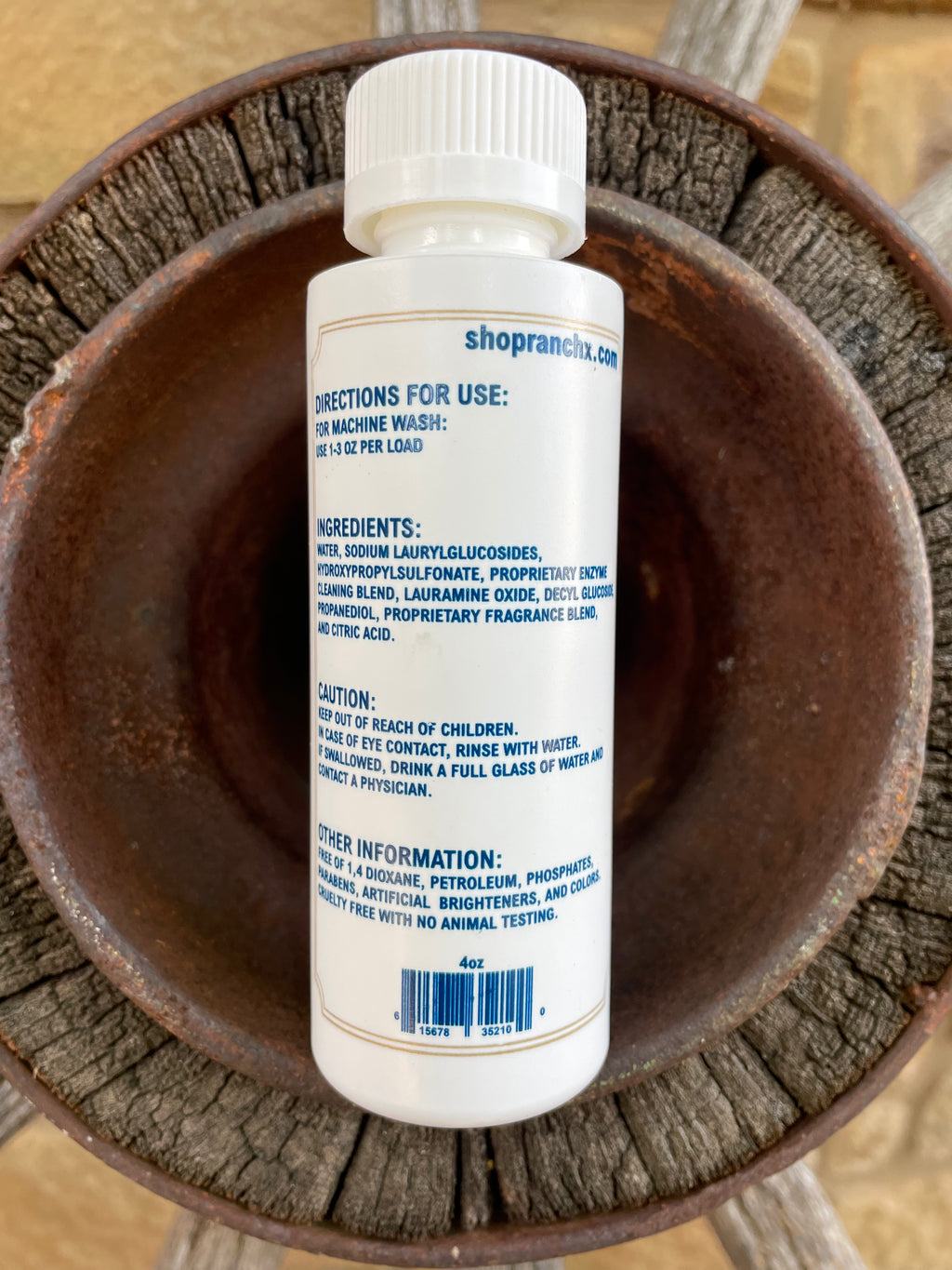 Back label of Ranchx Scented Bliss Premium Laundry Detergent showing directions for use, ingredients, and care information