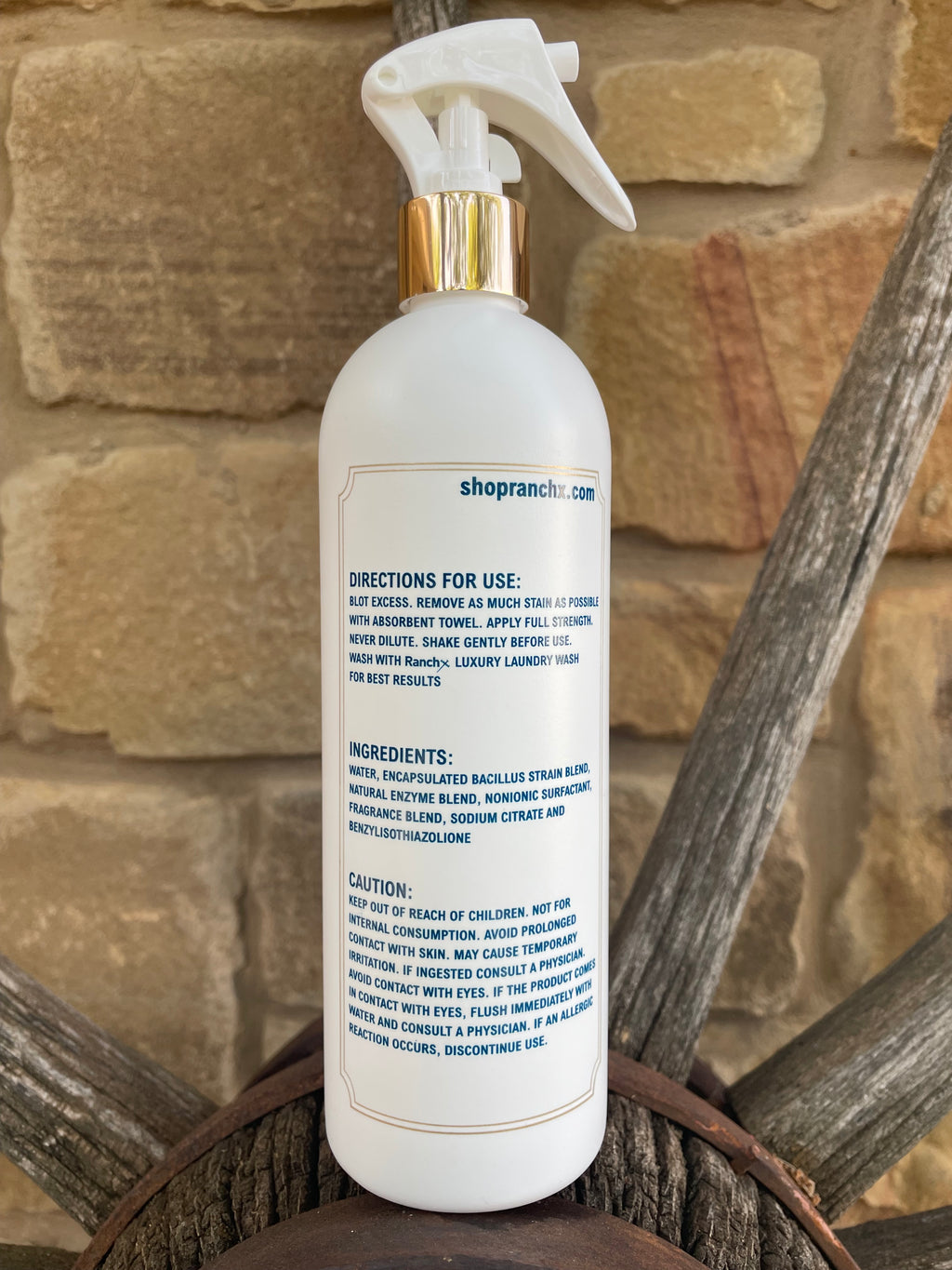 Back label of Ranchx Pre Wash & Stain Remover showing enzyme formula ingredients and directions to apply full strength before washing