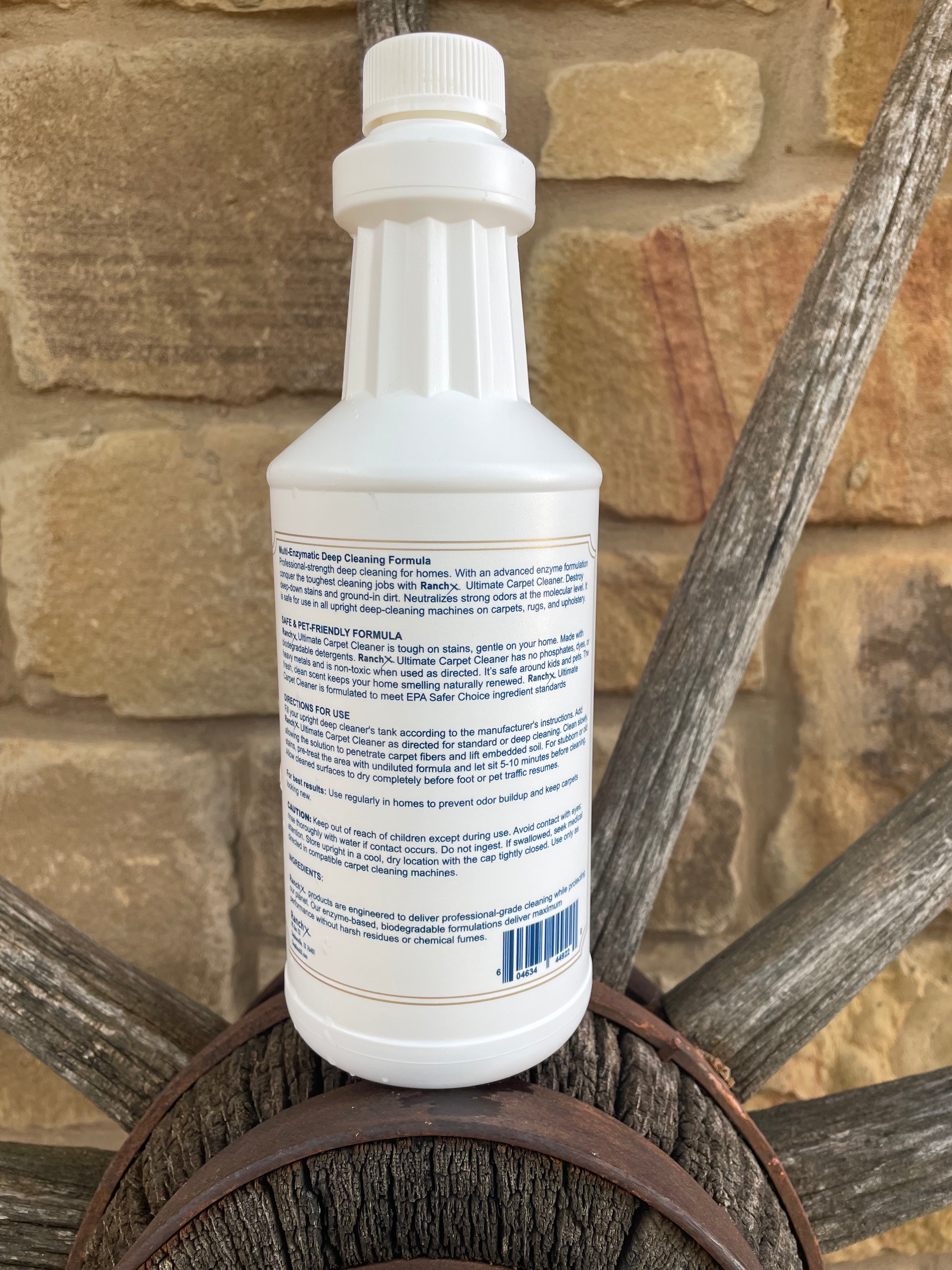 Back label of Ranchx Ultimate Luxury Carpet Cleaner showing enzyme formula ingredients and directions for upright carpet cleaning machines